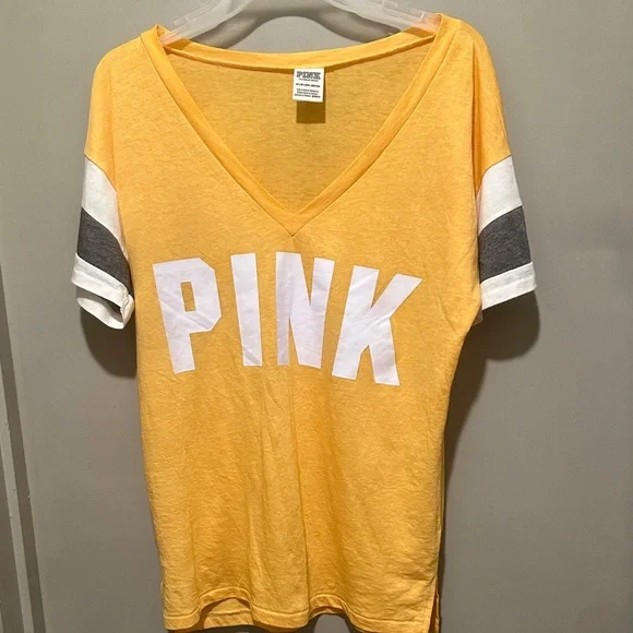 PINK Victoria's Secret Yellow and White Short Sleeve Tee - Picture 3 of 4